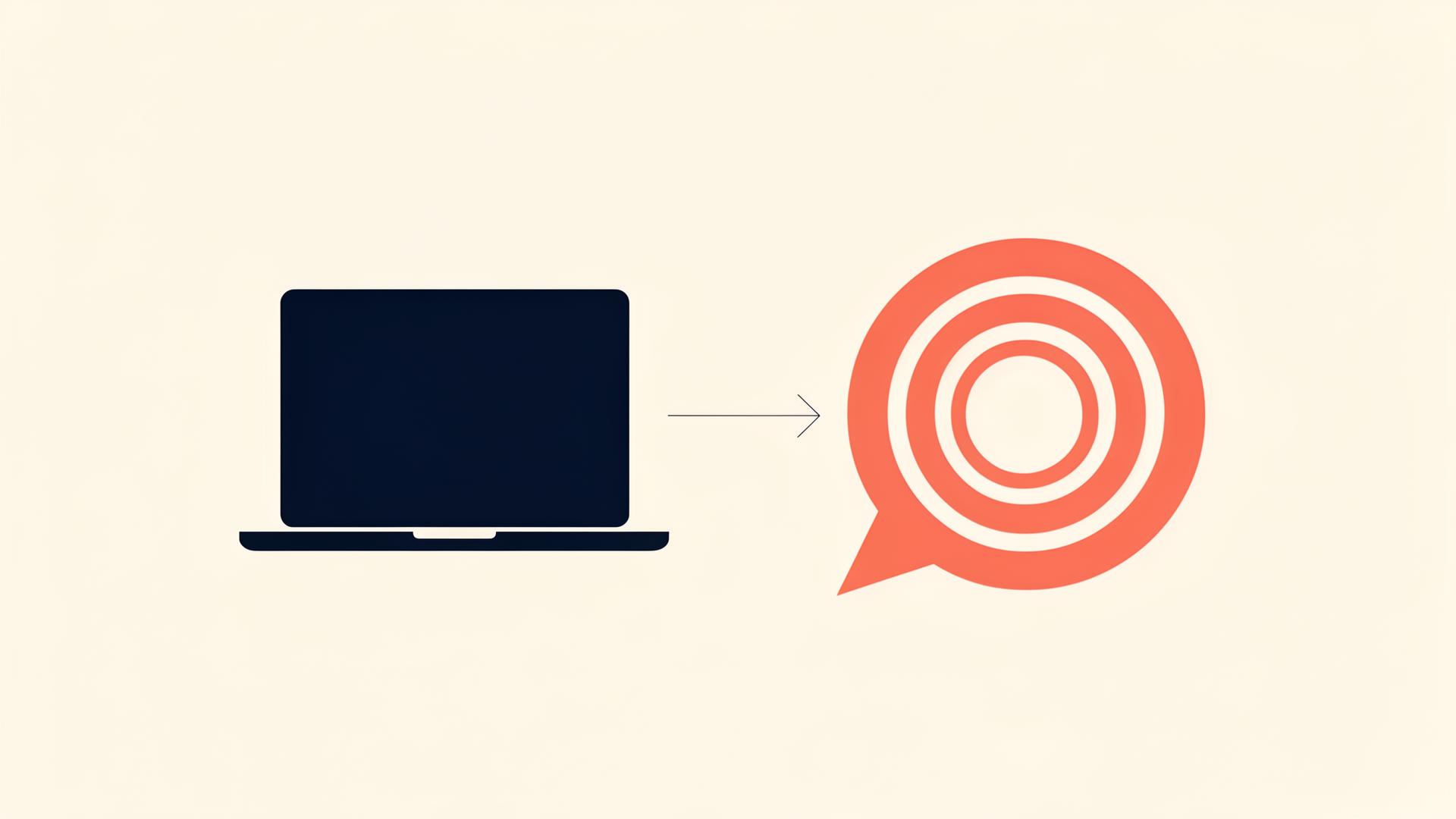 Editorial illustration of the shift from product demo to value conversation – a closed laptop transitioning into a speech bubble with ripples