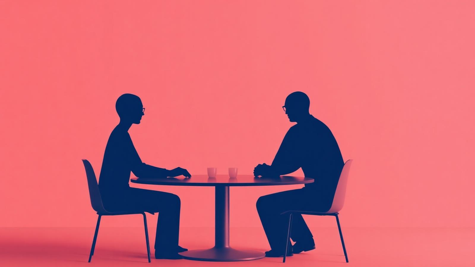 Two silhouettes across a table – human B2B sales conversation in warm light
