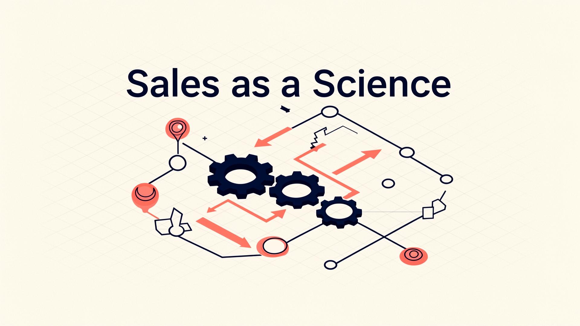Editorial illustration of an engineered sales system – interconnected gears and process arrows representing a repeatable Swiss B2B sales engine